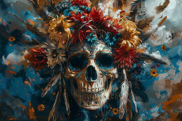 A beautiful painting of an indian skull with sunflowers and feathers, digital art style, detailed background elements, colorful and dark tones, fantasy illustrations
