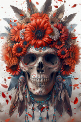 A beautiful illustration of an Indian skull with red flowers and feathers in the digital art style. Colorful illustrations in dark white and light orange poster art