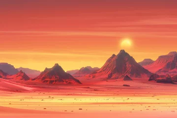 Türaufkleber Wide panorama of mars - the red planet - landscape with mountains and impact crater during sunrise or sunset - 3D illustration. High quality photo © AminaDesign