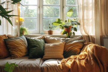 Cozy and stylish living room interior. Brown couch with decorative cushions in pastel neutral...