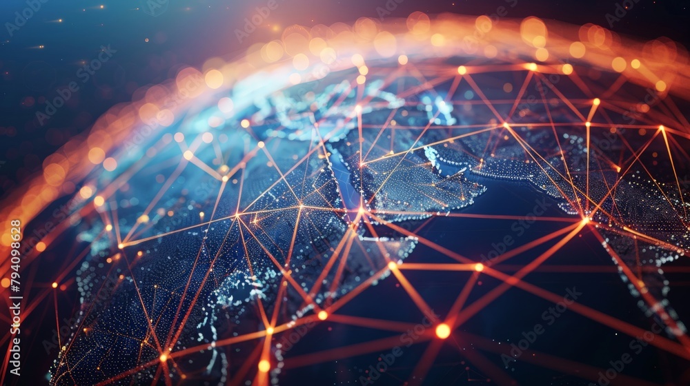 Poster a network of glowing lines forming a globe, with hotspots pulsating throughout, symbolizing global w