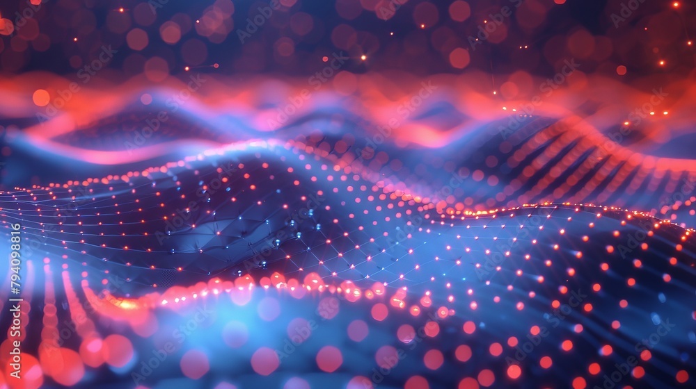 Poster a network of glowing nodes pulsing with rhythmic waves, reminiscent of sound waves or a digital hear