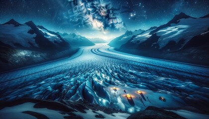 A depiction of a night scene over the Aletsch Glacier, under clear starlit sky