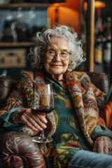 Funny old woman, chilling and relaxing in an armchair, drinking wine.