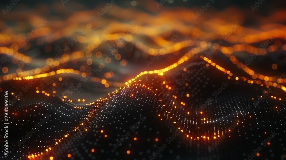 Poster a network of glowing nodes pulsing with rhythmic waves, reminiscent of sound waves or a digital hear