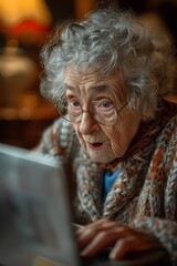 Funny old woman desperately trying to use a laptop