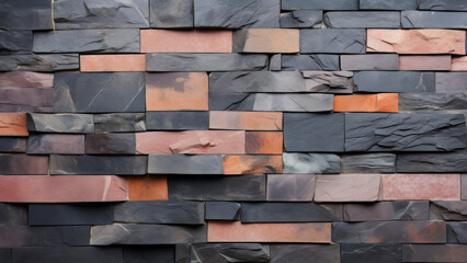 Detailed view of a brick wall composed of an assortment of differently colors. Closeup macro shot of geometric background - obrazy, fototapety, plakaty