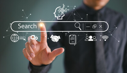 SEO Search Engine Optimization concept. Businessman touch AI, SEO icon on websites to rank search engines or SEO. Search with Ai assistant, search on screen. Artificial Intelligence data technology