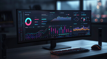 Dual monitor setup displaying sophisticated data analytics dashboard with graphs and charts in a dark office environment.