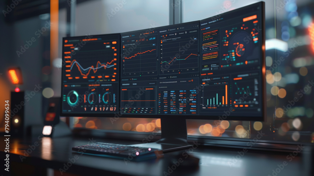 Poster Dual-monitor setup displaying complex financial data analysis with charts, graphs, and trading indicators in a modern office environment.