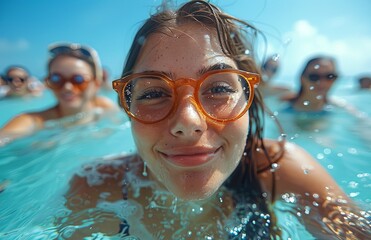 Friends frolic in the pool, laughter echoing, as water splashes and droplets dance around them