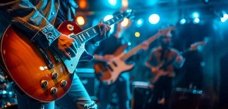 Musician performing with bandmates at a concert venue - Powered by Adobe