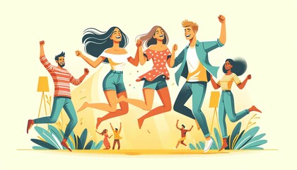 fun woman young man friendship group happy happiness jumping friend outdoor lifestyle together smiling female cheerful adult togetherness party girl jump simplistic flat design vector illustration