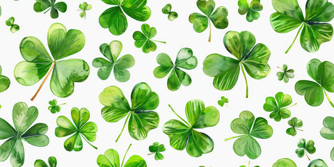 Various shades of green clover leaves scattered across a white background, resembling a festive St. Patrick's Day pattern.