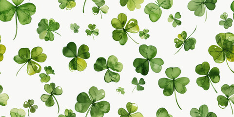 Scattered green clover leaves on a white background, suggesting a theme of luck or St. Patrick's Day celebration. - obrazy, fototapety, plakaty