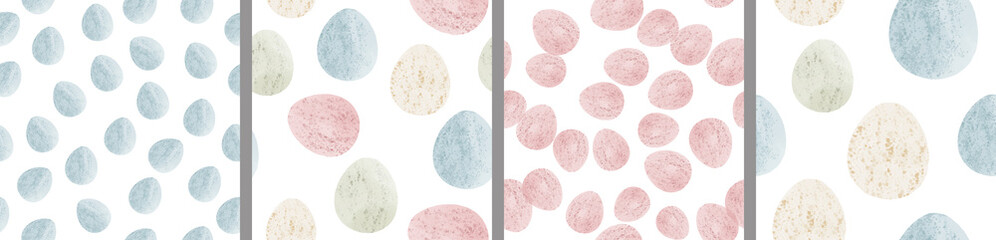 Watercolor set of seamless patterns. Collection of hand drawn pastel Easter eggs - obrazy, fototapety, plakaty
