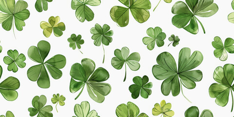 A pattern of various green clover leaves spread out against a white background, suggestive of spring or St. Patrick's Day.