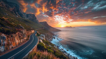 Naklejka premium A scenic coastal road along the overlooking coast of Cape Town, South Africa with dramatic cliffs and sunset sky. 