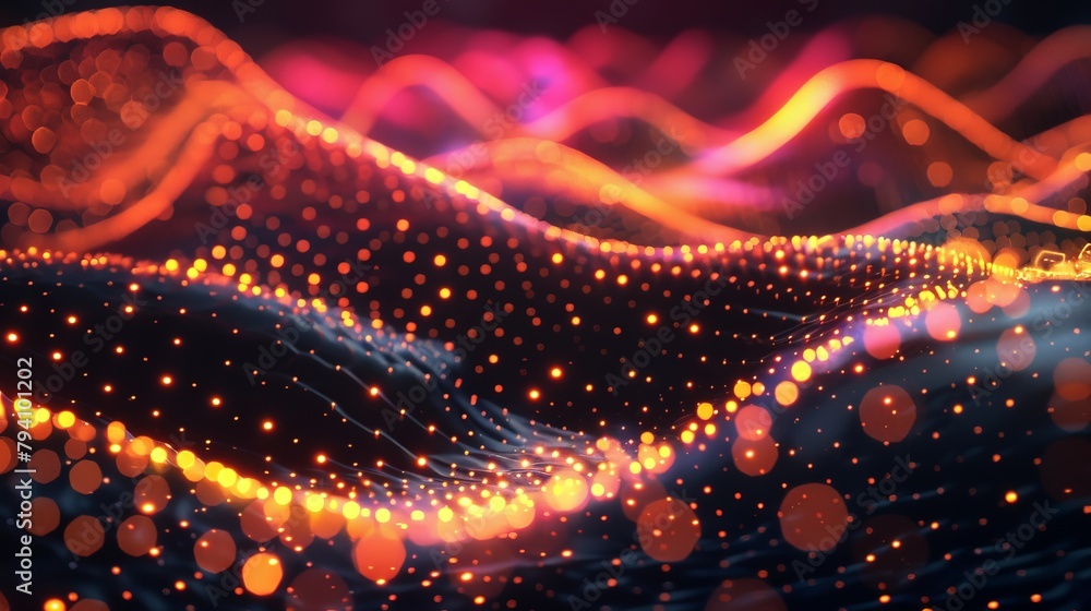Poster a network of glowing nodes pulsing with rhythmic waves, reminiscent of sound waves or a digital hear