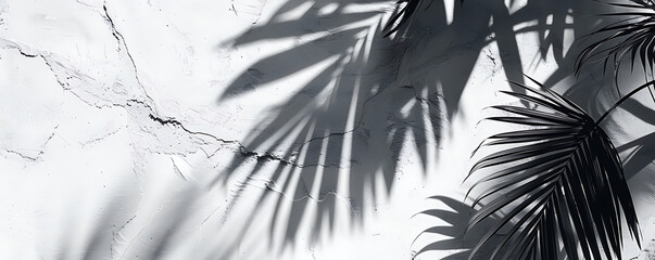 Abstract black  palm leaf shadown on a white wall Background. Blank copy space.