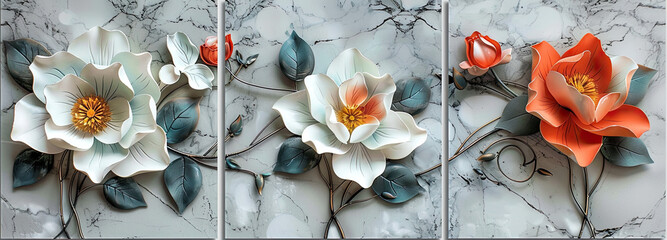 Vivid Floral Triptych: 3D Art on Marble Background, triptych wall art print - Generated with AI - obrazy, fototapety, plakaty