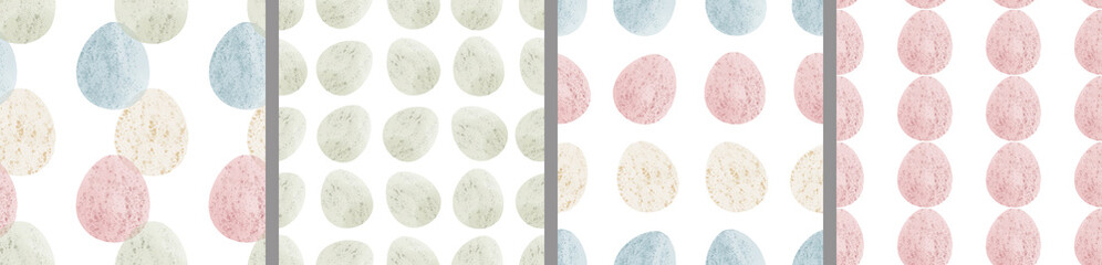 Watercolor set of seamless patterns. Collection of hand drawn pastel Easter eggs - obrazy, fototapety, plakaty