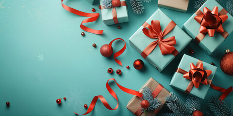 Holiday gifts wrapped in blue with red ribbons alongside festive ornaments on a teal background, conveying Christmas celebration. - obrazy, fototapety, plakaty
