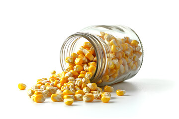 Golden corn spilling out of a glass jar. White background