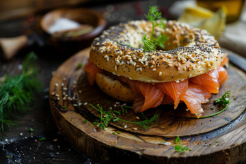 Gourmet bagel with smoked salmon on a wooden board. Generative AI - obrazy, fototapety, plakaty