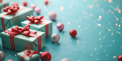 Gift boxes with red ribbons, baubles, and glitter on a blue background, suggesting a festive holiday atmosphere.