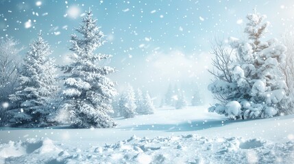 A snowy landscape with falling snowflakes, a clear blue sky, and small pine trees covered in white snow. 