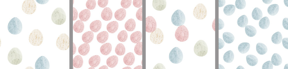 Watercolor set of seamless patterns. Collection of hand drawn pastel Easter eggs