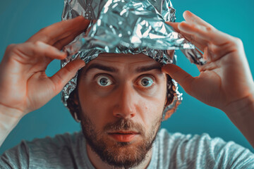 Man looking funny and wearing conspiracy theorist tin foil hat. Generative AI - obrazy, fototapety, plakaty