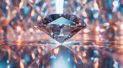 A single diamond facet reflected endlessly in a mirrored surface, creating an abstract hallway of light and brilliance, suitable for a luxury jewelry brand advertisement.