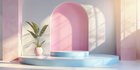 Minimalist showcase interior with an arch backdrop, a platform for display, natural light, and a plant in a pink vase.
