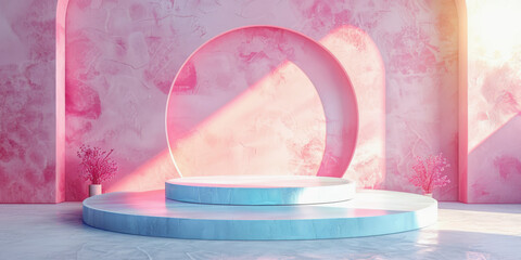 Minimalist pink interior with circular geometric stage and soft lighting, suitable for product presentations or modern art installations.