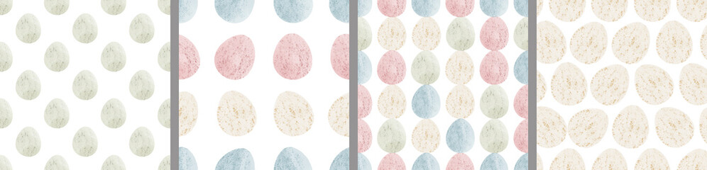 Watercolor set of seamless patterns. Collection of hand drawn pastel Easter eggs