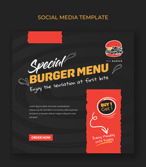 Square banner template in black and red background design with burger icon
