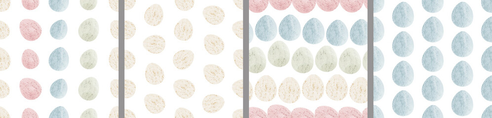Watercolor set of seamless patterns. Collection of hand drawn pastel Easter eggs