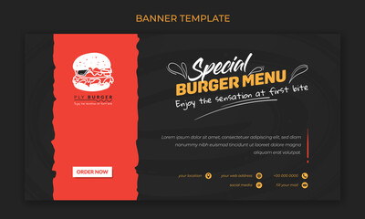 Banner template for burger food design in red and black background with burger icon