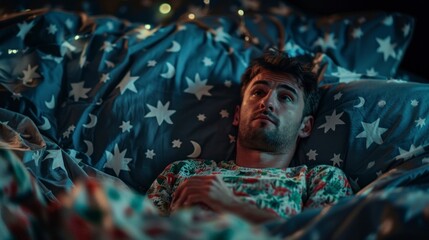 man lying in bed with pajamas with a worried face with insomnia at night in high resolution and quality