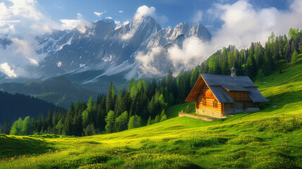 Obraz premium Idyllic wooden cabin in a lush green meadow with dramatic mountain backdrop under a clear sky with soft sunlight.