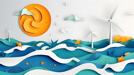 Stylized Papercut Art: Ocean Waves and Renewable Energy Sources Powering Marine Conservation