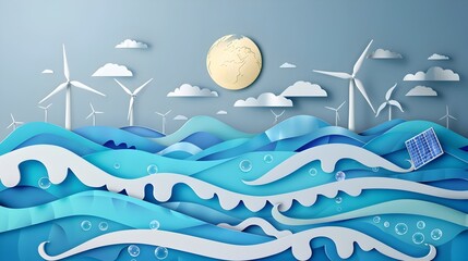 Stylized Papercut Ocean Waves Meet Renewable Energy Sources on Coastline Promoting Marine