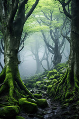 morning in the forest with fog.