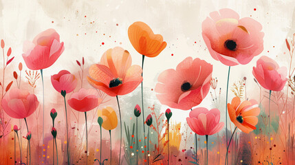 A vibrant illustration of red and orange poppies with delicate details, set against a soft, textured, neutral background.