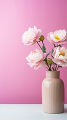b'Pink peonies in a vase on a pink background'