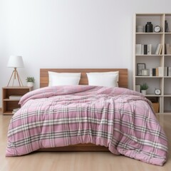 b'Pink and Gray Checkered Bedding in a Modern Bedroom'