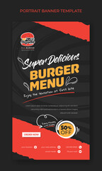 Portrait banner template with burger design in black and red background
