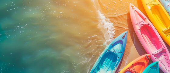 Colorful canoe kayak boat floting on tropical beach.for summer wallpaper design background.holiday activity relaxation